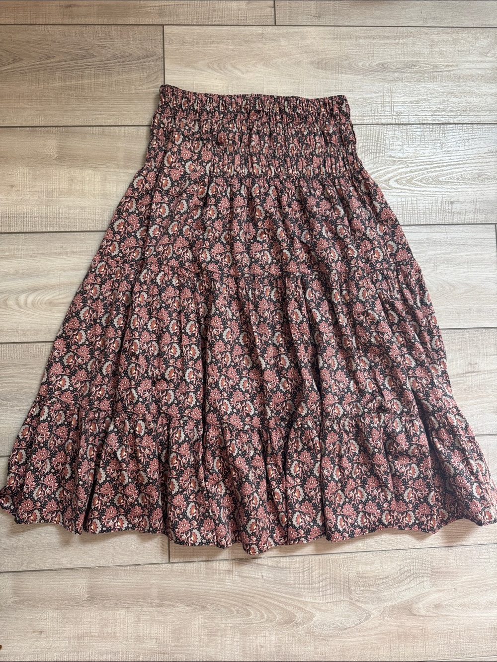 Zara Floral Smocked Waist Tiered Skirt Boho Dusty Rose Womens S Pocket